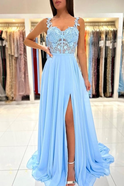 Hermosos vestidos de noche largos azules con tirantes sencillos, apliques, sin mangas y abertura