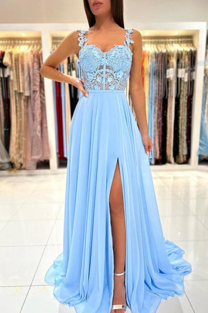 Hermosos vestidos de noche largos azules con tirantes sencillos, apliques, sin mangas y abertura