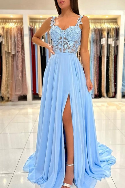 Hermosos vestidos de noche largos azules con tirantes sencillos, apliques, sin mangas y abertura