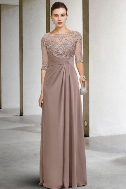 Hermosos vestidos largos de gasa con encaje en forma de A verde para madre de la novia con mangas