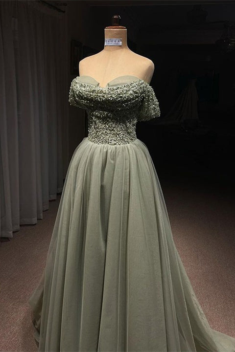 Hermoso vestido de fiesta largo verde de corte A con hombros descubiertos, lentejuelas y cuentas.
