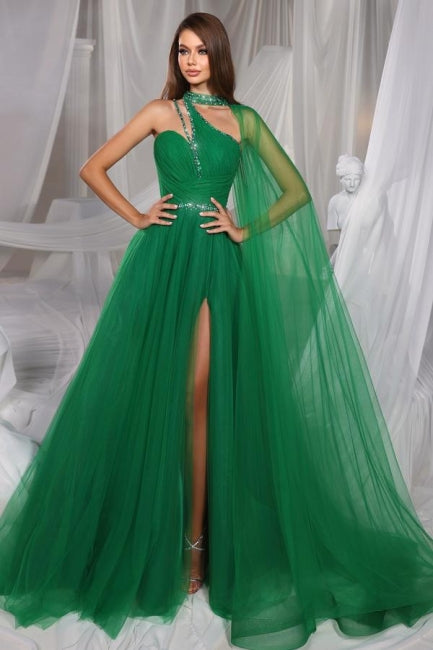 Wunderschönes langes grünes ärmelloses A-Linien-Ballkleid aus Tüll mit Glitzer