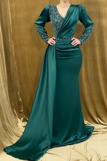 Wunderschönes langes grünes Abendkleid im Meerjungfrau-Stil mit V-Ausschnitt und langen Ärmeln