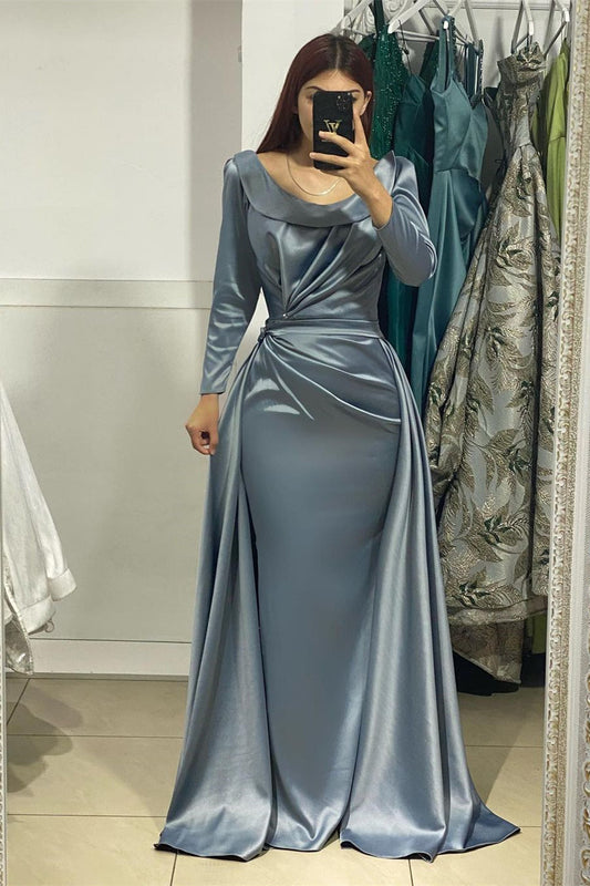 Wunderschönes langes Meerjungfrau-Ballkleid aus Satin mit langen Ärmeln