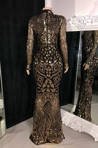 Wunderschönes langes Meerjungfrau-Ballkleid mit hohem Halsausschnitt und langen Ärmeln