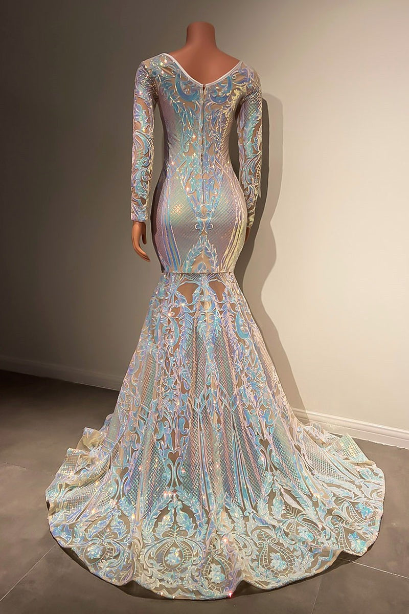 Wunderschönes langes Meerjungfrau-Abendkleid aus Spitze mit langen Ärmeln und Schleppe