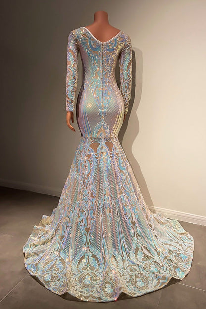 Wunderschönes langes Meerjungfrau-Abendkleid aus Spitze mit langen Ärmeln und Schleppe