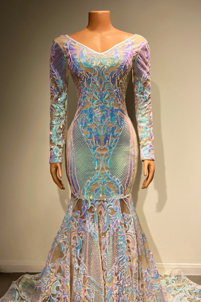 Wunderschönes langes Meerjungfrau-Abendkleid aus Spitze mit langen Ärmeln und Schleppe