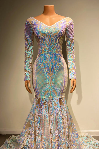Wunderschönes langes Meerjungfrau-Abendkleid aus Spitze mit langen Ärmeln und Schleppe