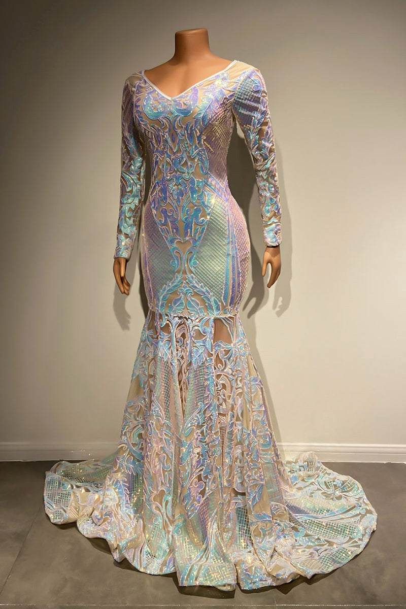 Wunderschönes langes Meerjungfrau-Abendkleid aus Spitze mit langen Ärmeln und Schleppe