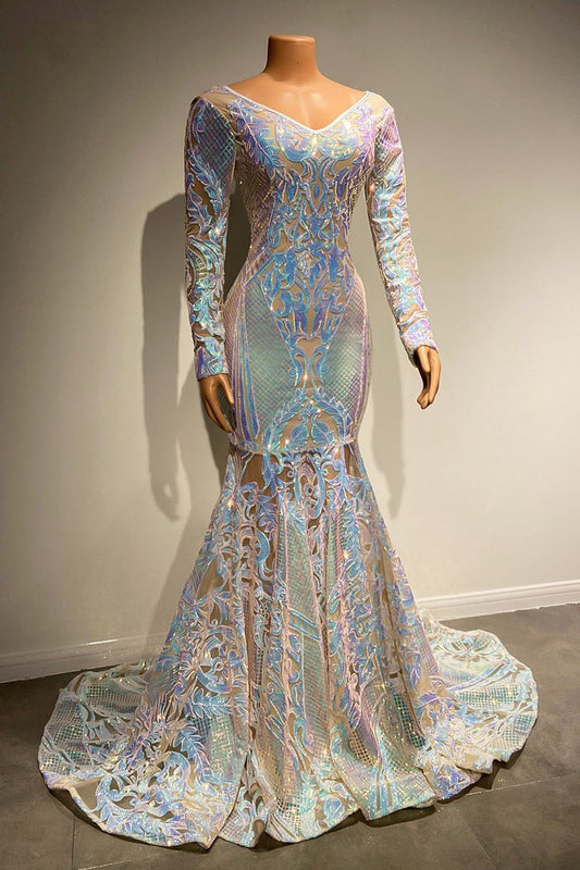 Wunderschönes langes Meerjungfrau-Abendkleid aus Spitze mit langen Ärmeln und Schleppe