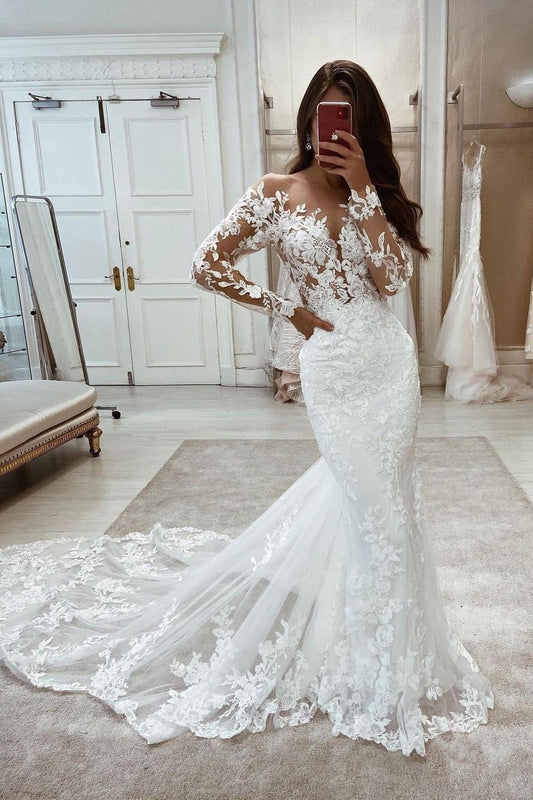 Wunderschönes langes Meerjungfrau-Brautkleid mit langen Ärmeln und V-Ausschnitt aus Spitze