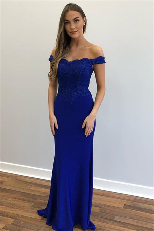 Wunderschönes langes Meerjungfrau-Ballkleid mit schulterfreiem Spitzenbesatz und Applikationen