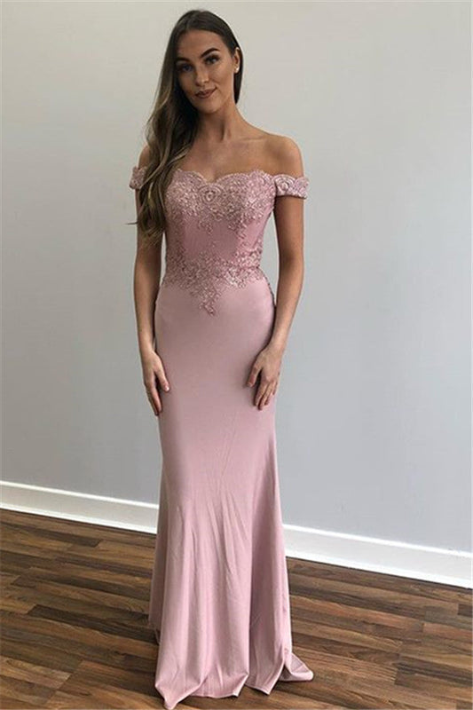 Wunderschönes langes Meerjungfrau-Ballkleid mit schulterfreiem Spitzenbesatz und Applikationen
