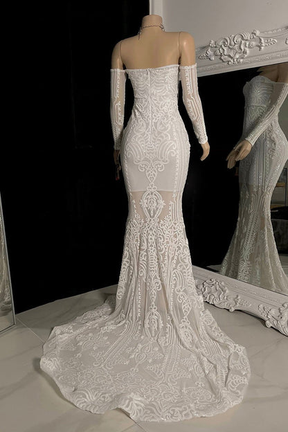 Wunderschönes langes Meerjungfrau-Abendkleid mit schulterfreier Spitze und langen Ärmeln und Schleppe