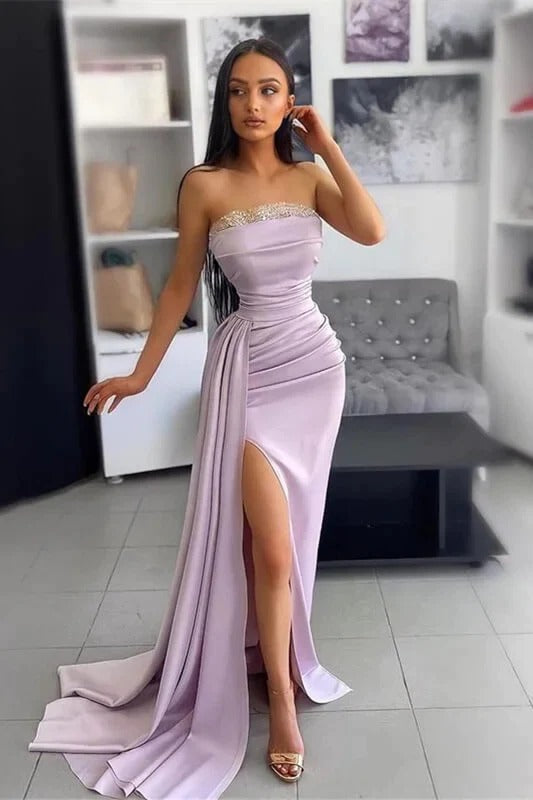 Wunderschönes langes Meerjungfrau-Kleid, trägerlos, ärmellos, aus Satin, mit Schlitz