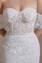 Hermosos vestidos de novia largos de sirena con escote corazón y encaje con mangas desmontables