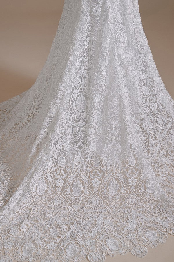 Hermosos vestidos de novia largos de sirena con escote corazón y encaje con mangas desmontables