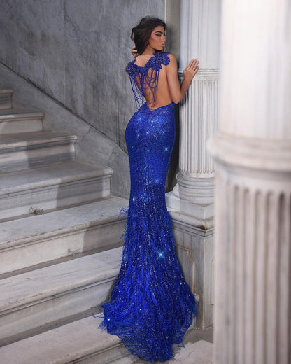 Wunderschönes langes Meerjungfrau-Abendkleid mit Herzausschnitt und Pailletten, rückenfrei