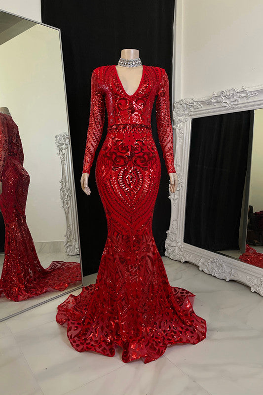 Hermoso vestido de fiesta largo de sirena con escote en V y mangas largas