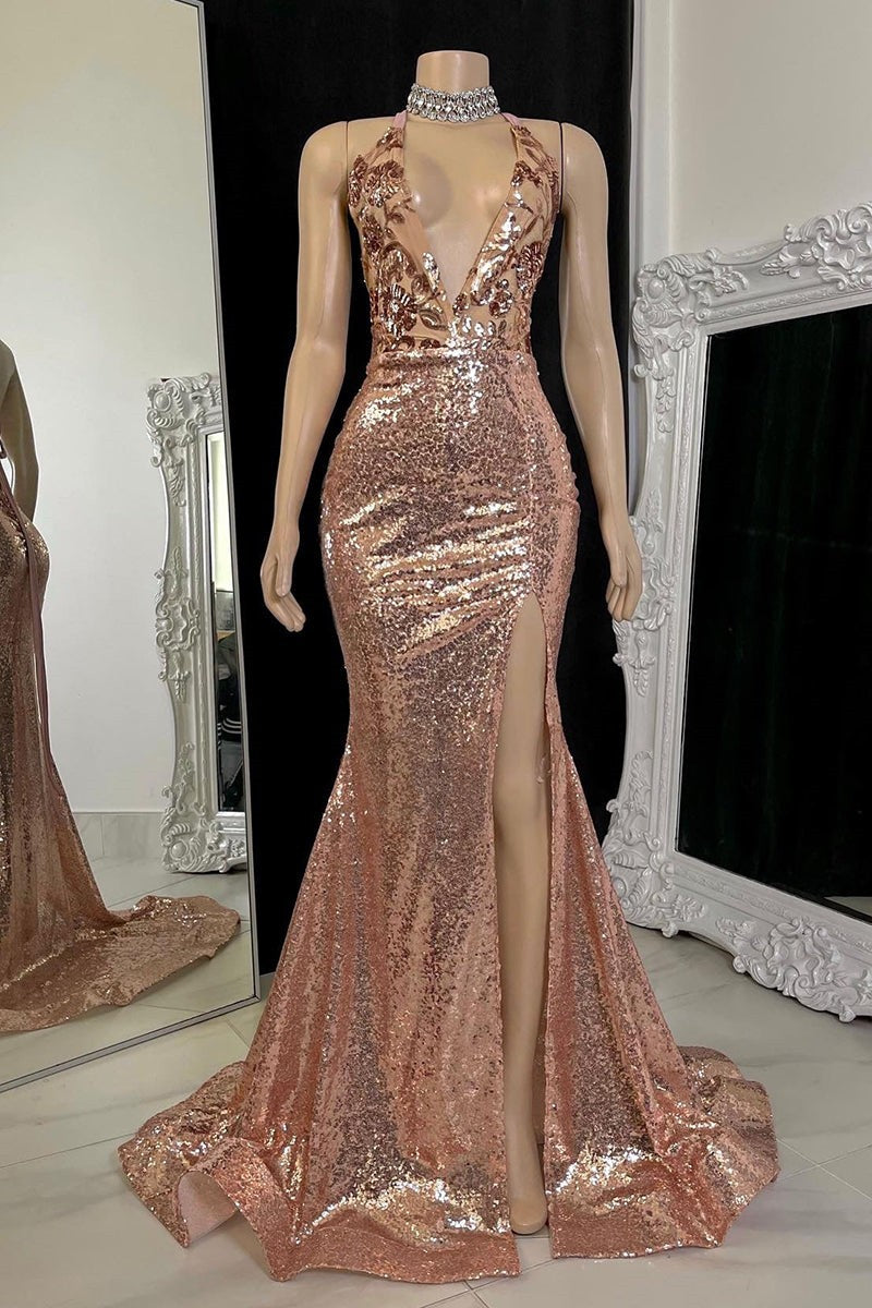Hermoso vestido de fiesta largo de sirena con escote en V, abertura y sin mangas con encaje