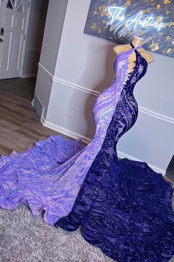 Hermoso vestido de fiesta largo de sirena sin mangas con mezcla de colores