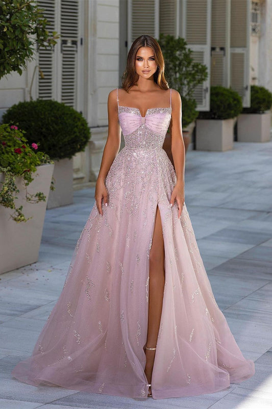 Wunderschönes langes rosa A-Linien-Ballkleid aus Paillettentüll mit Schlitz