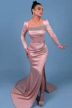 Wunderschönes langes rosa Meerjungfrau-Ballkleid aus Satin mit Strass