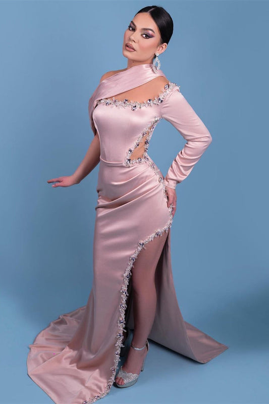Wunderschönes langes rosa One-Shoulder-Satin-Meerjungfrauen-Ballkleid mit Strass