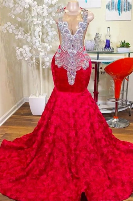 Wunderschönes langes rotes, bodenlanges Meerjungfrau-Ballkleid aus Satinspitze mit Applikationen