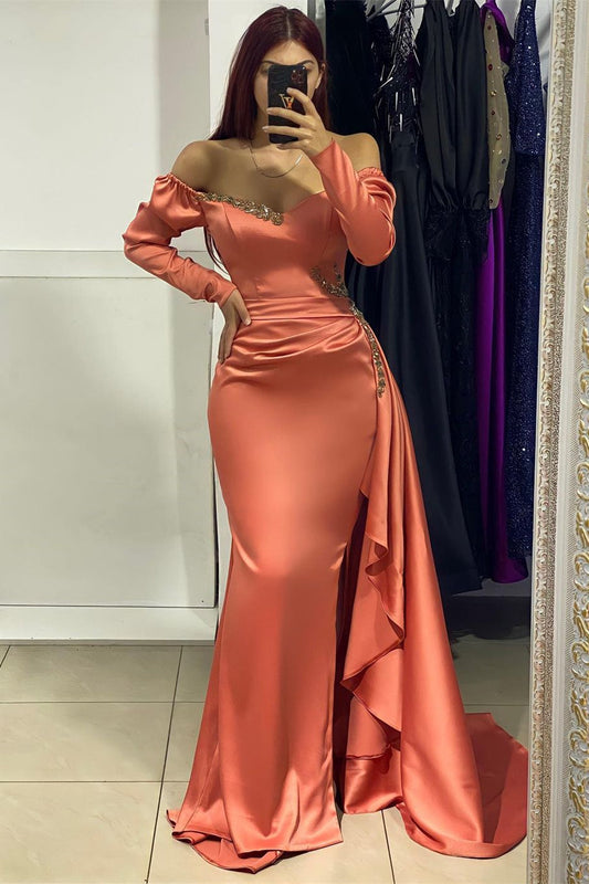 Wunderschönes langes Satin-Ballkleid mit V-Ausschnitt und langen Ärmeln und Strass