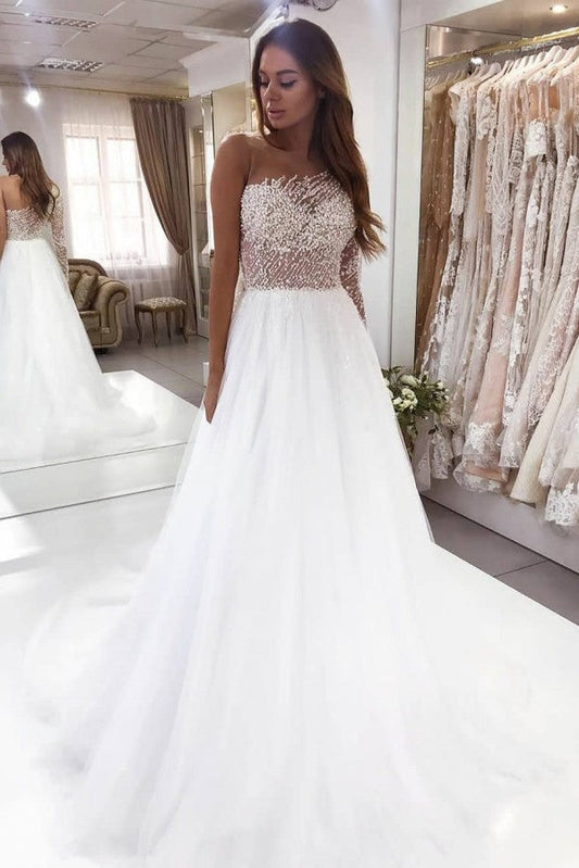 Wunderschönes Langarm A-Linie Bateau Perlenspitze Brautkleid