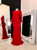 Wunderschönes rückenfreies Meerjungfrau-Ballkleid mit hohem Halsausschnitt und langen Ärmeln