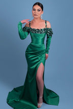 Hermosos vestidos de fiesta de sirena de satén verde espagueti largos con manga larga