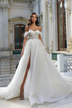 Beautiful Long White A-line Off-the-shoulder Lace Flowers Wedding Dress With Slit