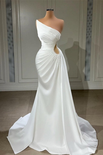 Wunderschönes langes weißes A-Linien-Brautkleid mit ärmeln und Perlen