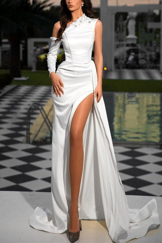 Schöne lange weiße One-Shoulder Pailletten Abendkleider mit Schlitz