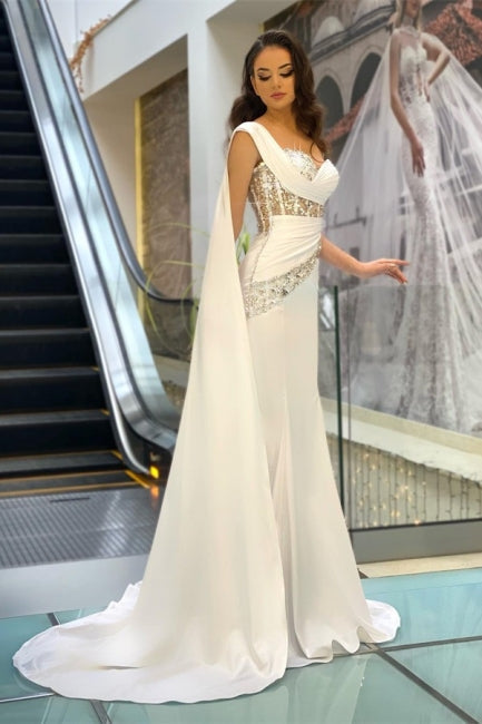 Wunderschönes langes weißes One-Shoulder-ärmelloses Meerjungfrau-Abendkleid mit Glitzer