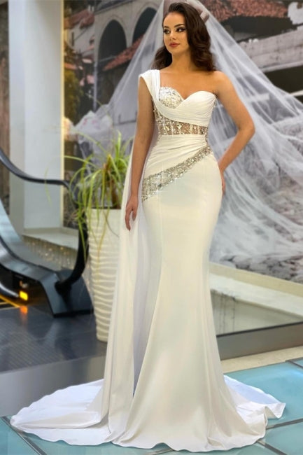 Wunderschönes langes weißes One-Shoulder-ärmelloses Meerjungfrau-Abendkleid mit Glitzer