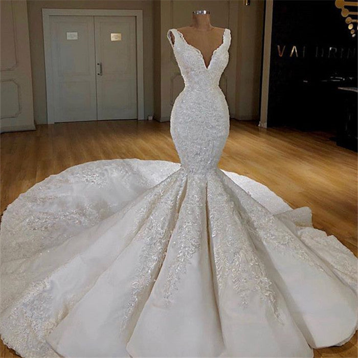 Hermoso vestido de novia de encaje de sirena en oferta con tirantes, magníficos vestidos de novia con cola larga