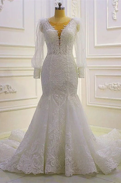 Wunderschönes Meerjungfrau-Brautkleid mit langen Ärmeln und Spitzenapplikationen und Schleppe