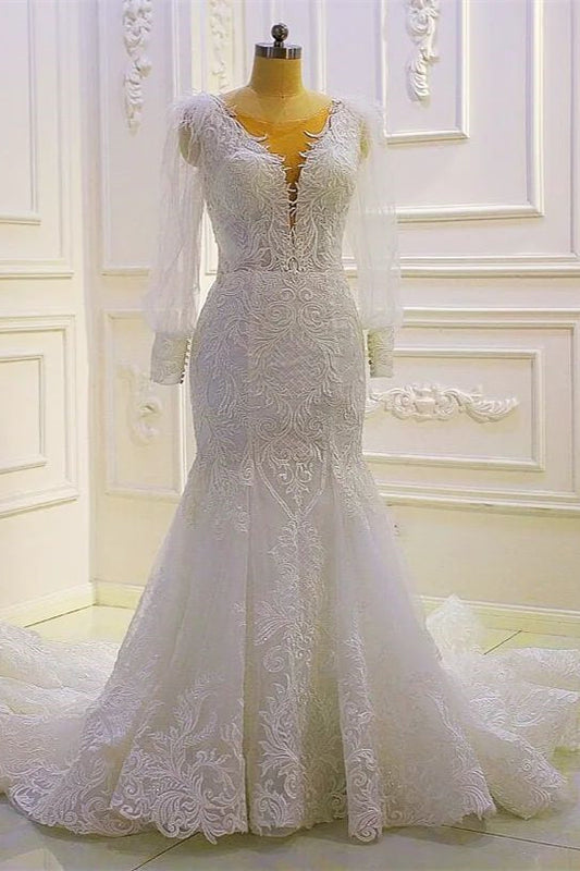 Wunderschönes Meerjungfrau-Brautkleid mit langen Ärmeln und Spitzenapplikationen und Schleppe