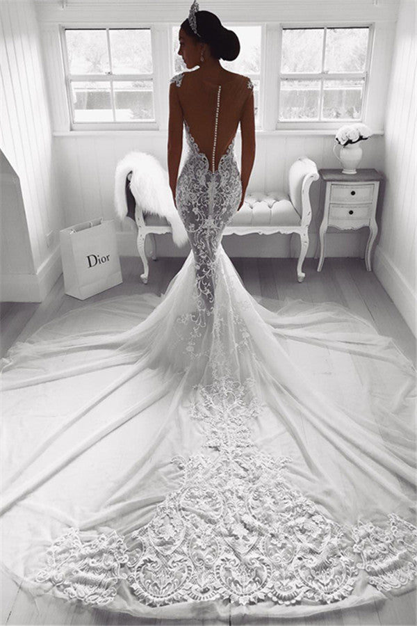 Wunderschönes Meerjungfrau-Brautkleid mit Trägern, transparentem Tüll, ärmellos, Applikationen, Brautmode