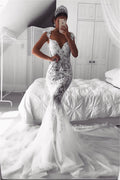 Wunderschönes Meerjungfrau-Brautkleid mit Trägern, transparentem Tüll, ärmellos, Applikationen, Brautmode