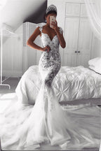 Wunderschönes Meerjungfrau-Brautkleid mit Trägern, transparentem Tüll, ärmellos, Applikationen, Brautmode