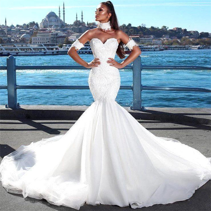 Hermoso vestido de novia de sirena con escote corazón, vestidos de encaje para bodas con gargantilla