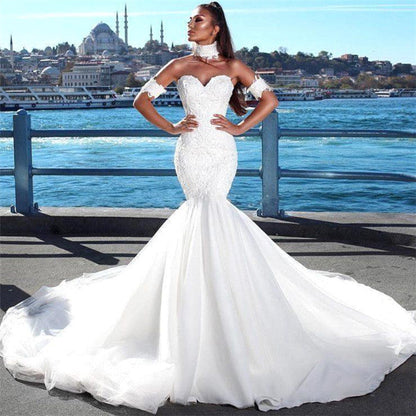 Hermoso vestido de novia de sirena con escote corazón, vestidos de encaje para bodas con gargantilla