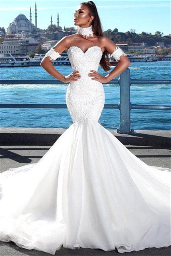 Hermoso vestido de novia de sirena con escote corazón, vestidos de encaje para bodas con gargantilla