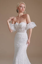 Hermosos vestidos de novia de encaje hasta el suelo, sin mangas, estilo sirena, con hombros descubiertos y apliques