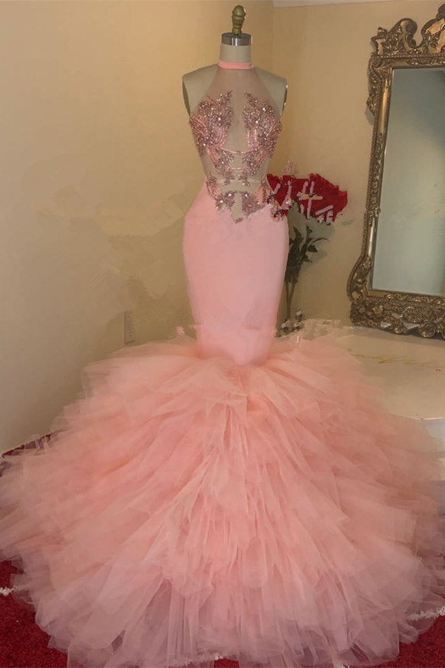 Hermosos vestidos de fiesta de sirena con cuello alto, sin mangas y encaje rosa hasta el suelo